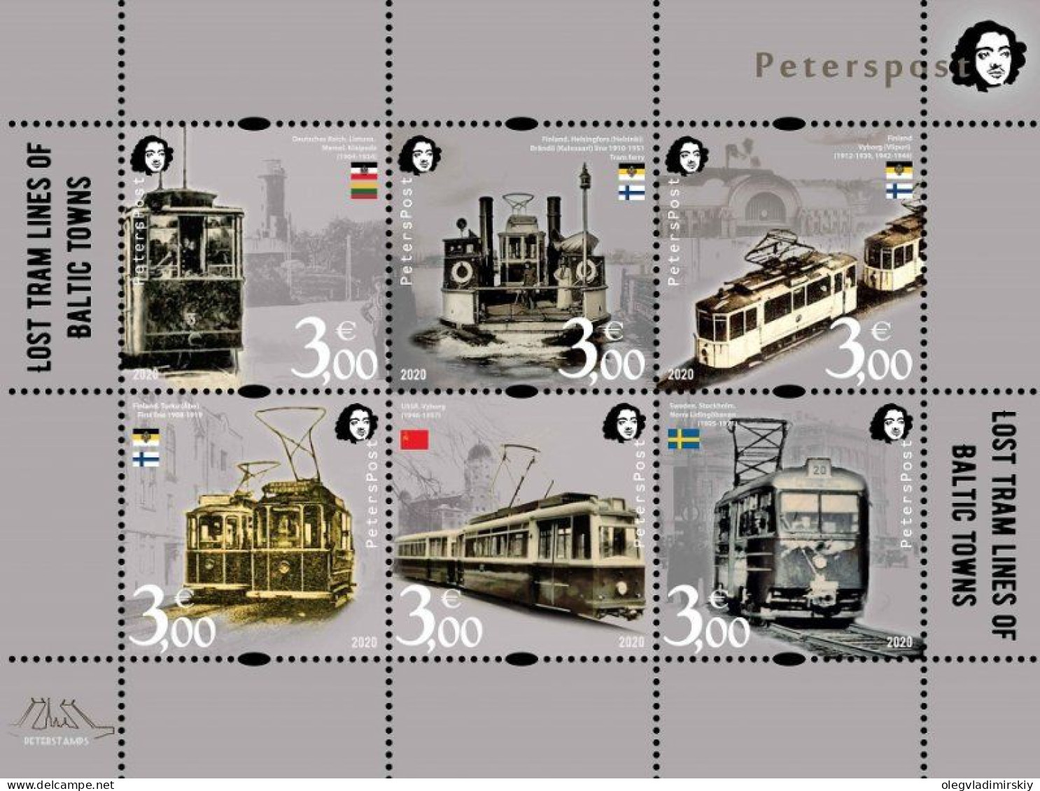 Finland 2020 Lost Tram Lines Of Baltic Towns Lighthouse Railway Station Ship Peterspost Set Of 6 Stamps In Block MNH - Strassenbahnen