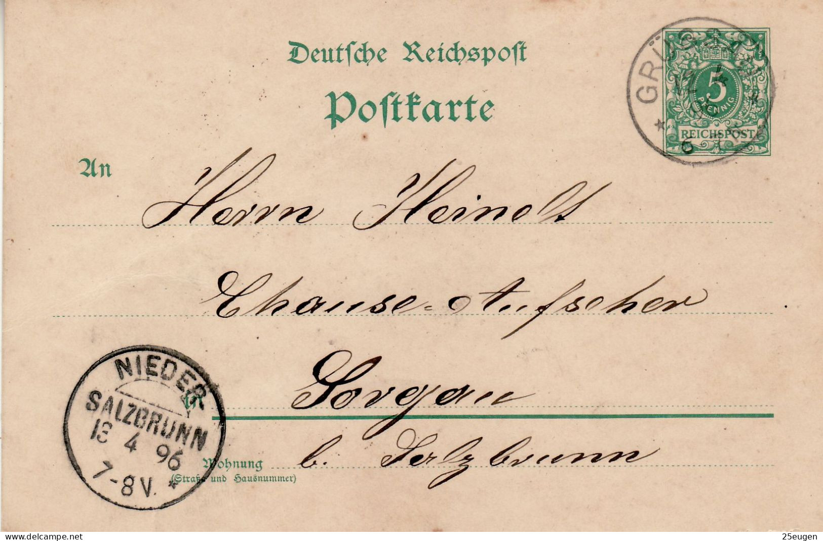 GERMANY EMPIRE 1896 POSTCARD  MiNr P 36 I SENT FROM GRUESSAU /KRZESZÓW/ TO SORGAU /SZCZAWIENKO/ - Cartas & Documentos