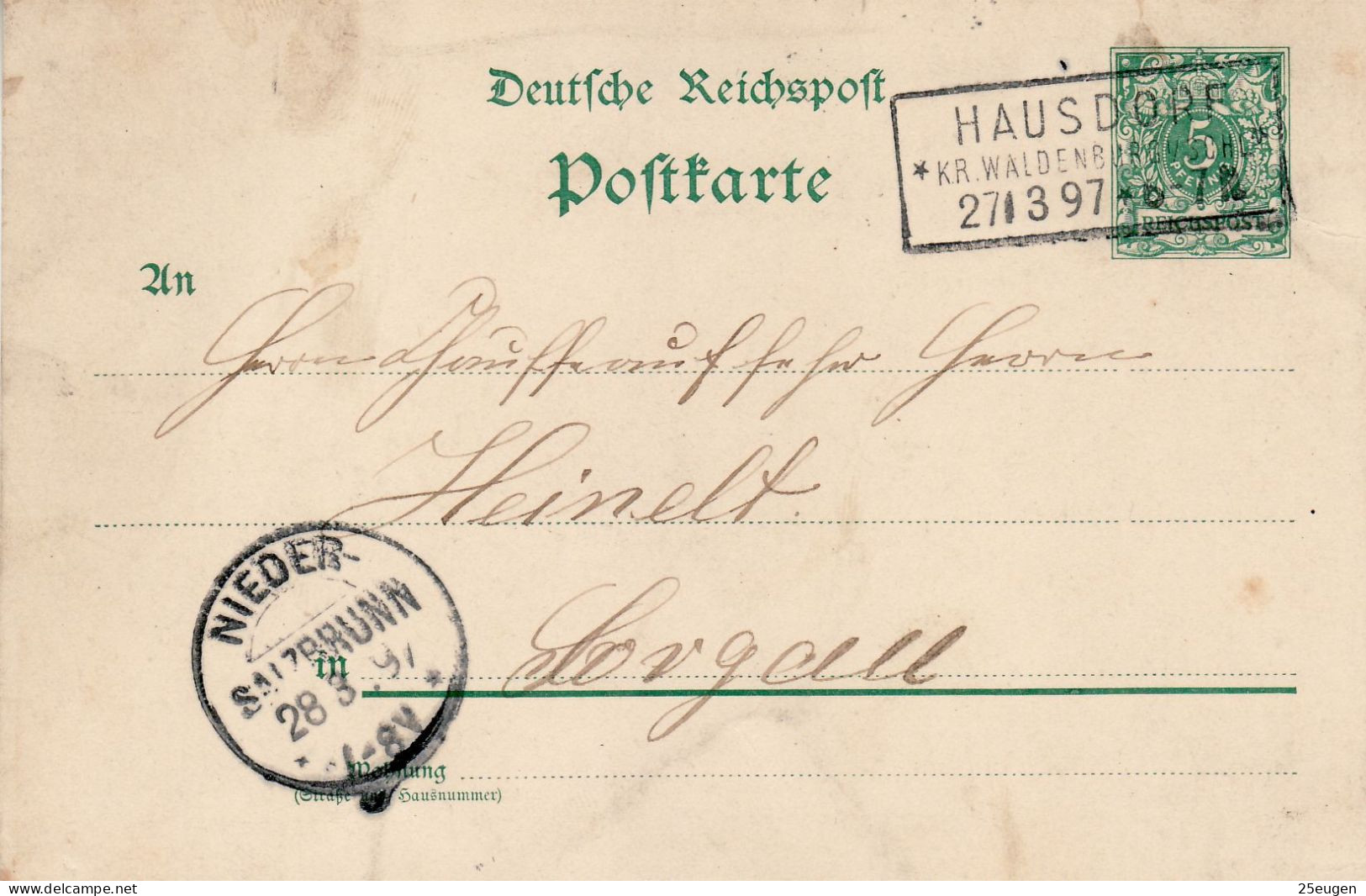 GERMANY EMPIRE 1897 POSTCARD  MiNr P 36 I SENT FROM HAUSDORF /JUGOWICE/ TO SORGAU /SZCZAWIENKO/ - Covers & Documents