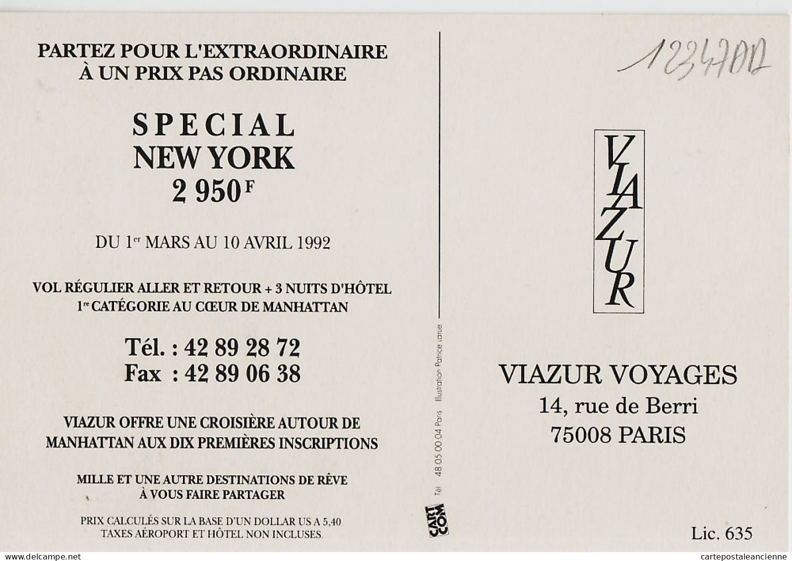 39410 / ⭐ YELLOW CAB NYC Taxi 75008 PARIS VIAZUR VOYAGES Rue BERRI Sejour SPECIAL NEW YORK 1992 Cppub CART-COM - Taxi & Carrozzelle