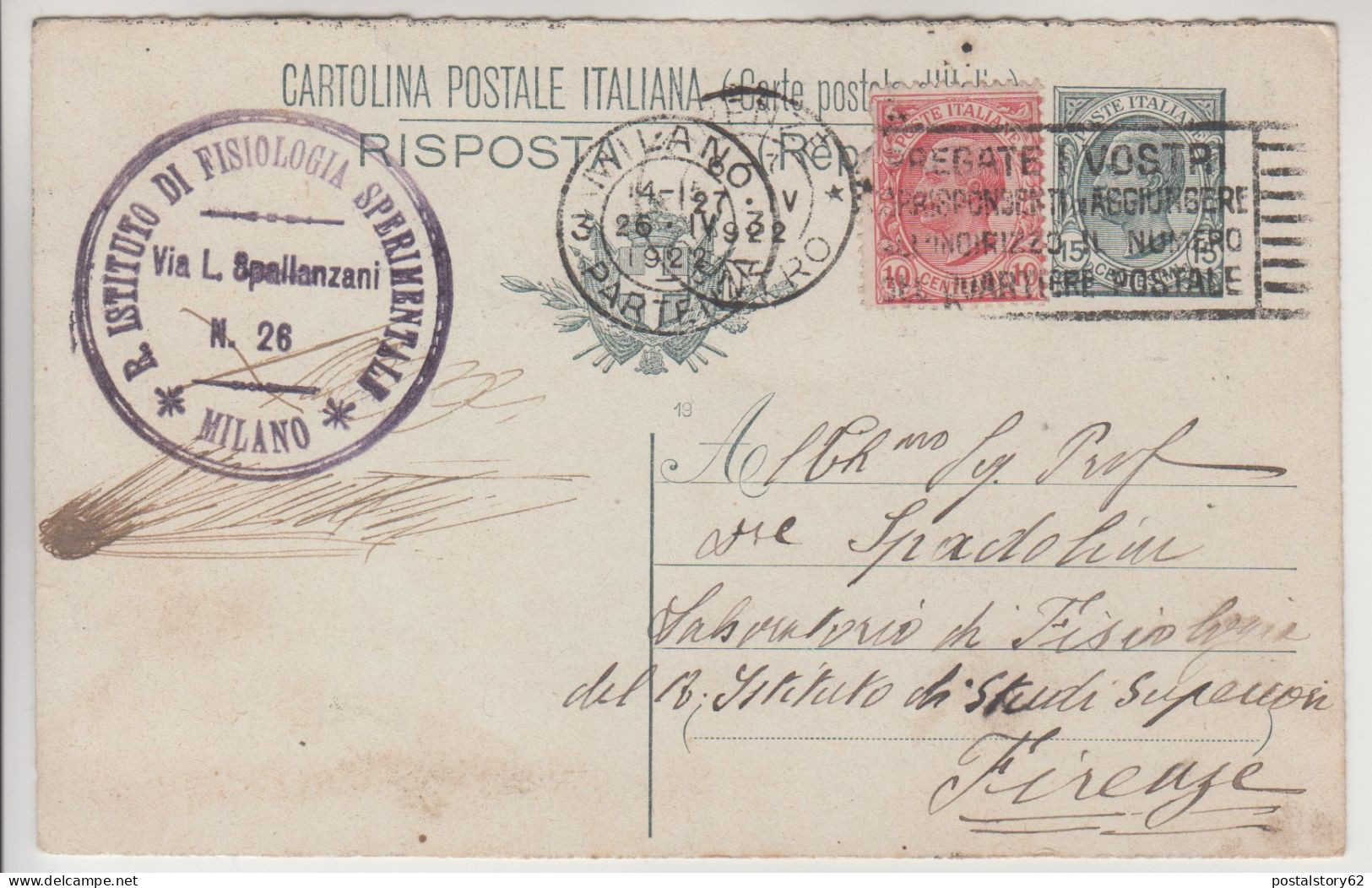 Intero Postale Milano Per Firenze Con Targhetta Pubblicitaria + Regio Istituto Di Fisiologia 1922 - Ganzsachen