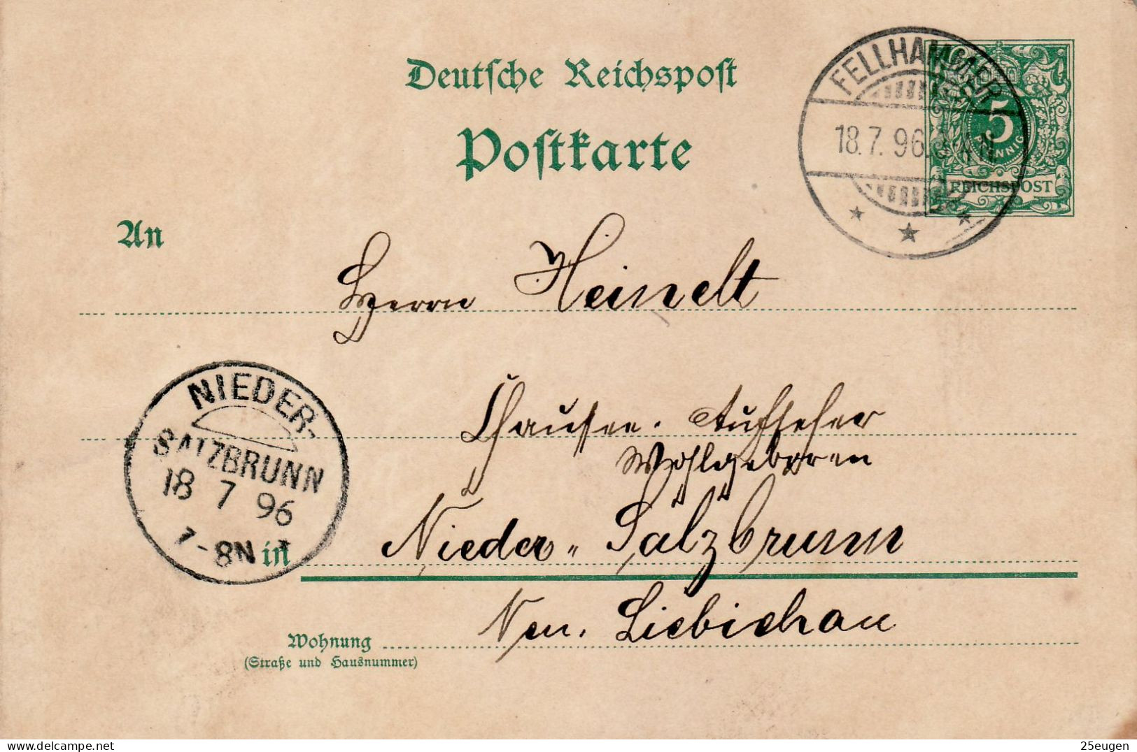 GERMANY EMPIRE 1896 POSTCARD  MiNr P 36 I SENT FROM FELLHAMMER /BOGUSZÓW/ TO NIEDER /SZCZAWIENKO/ - Cartas & Documentos