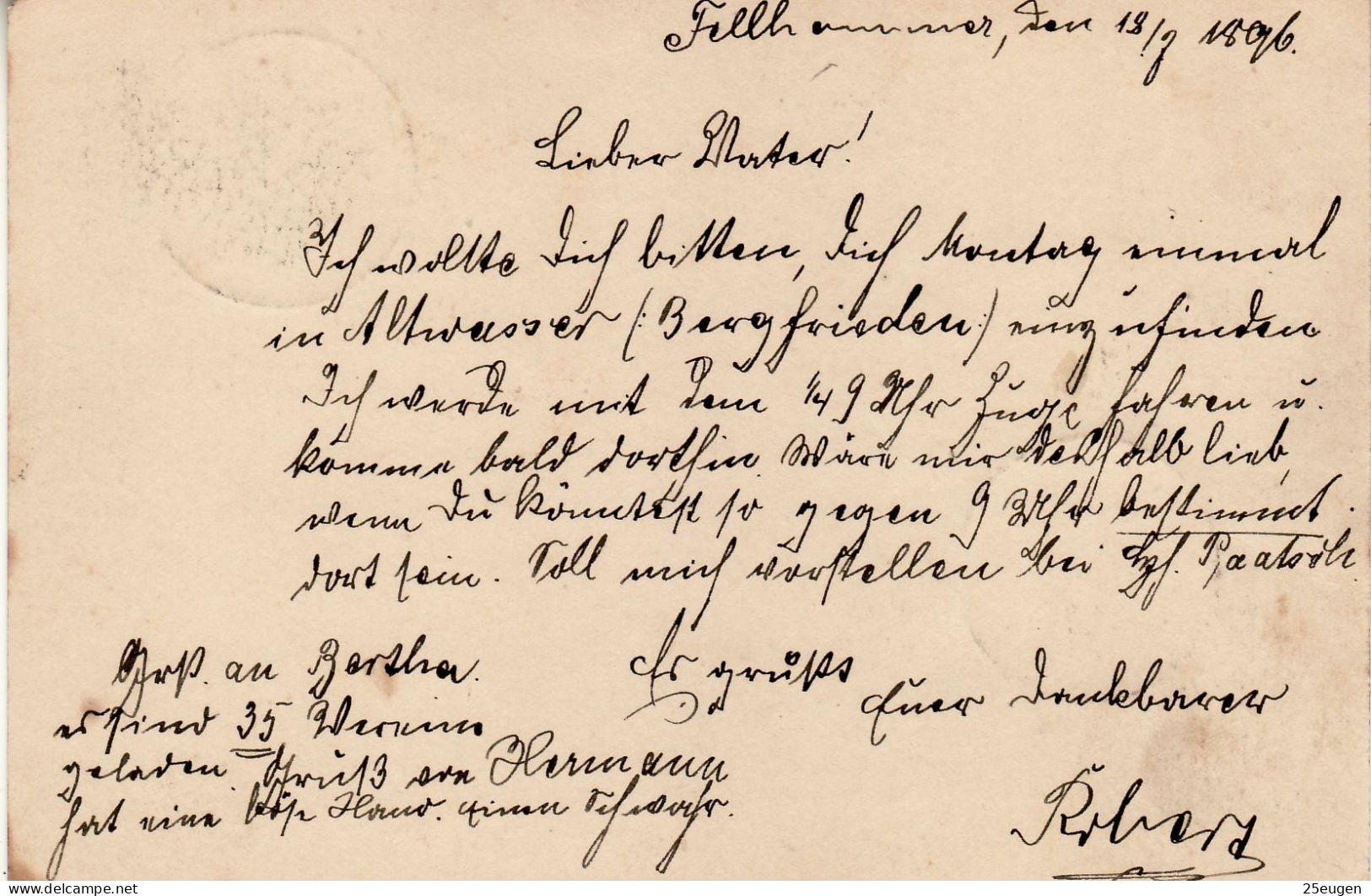 GERMANY EMPIRE 1896 POSTCARD  MiNr P 36 I SENT FROM FELLHAMMER /BOGUSZÓW/ TO NIEDER /SZCZAWIENKO/ - Cartas & Documentos