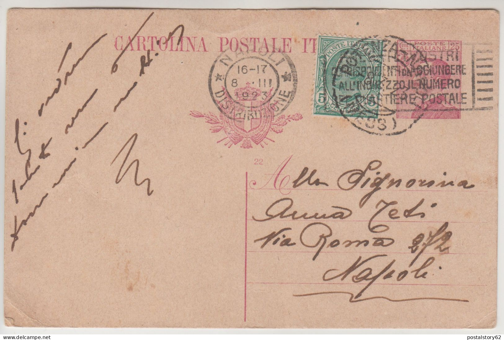 Intero Postale Potenza Per Napoli Con Targhetta Pubblicitaria  1923 - Entiers Postaux