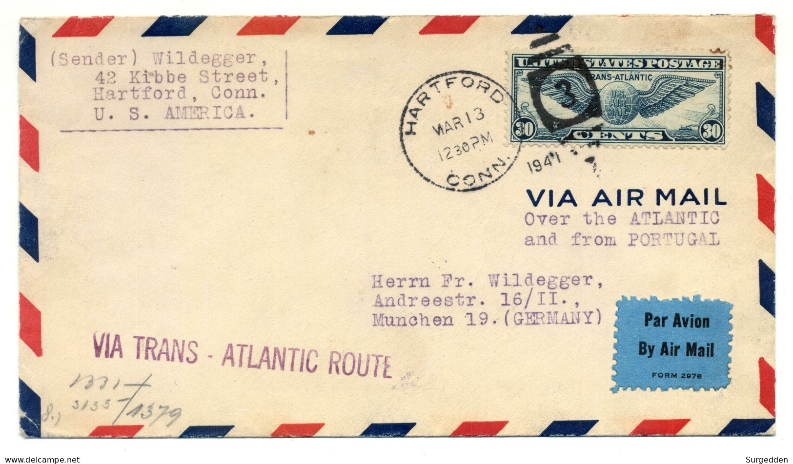 1941 Hartford, Conn., Nach München, Zensur, Luftpost, Air Mail - 1941-60