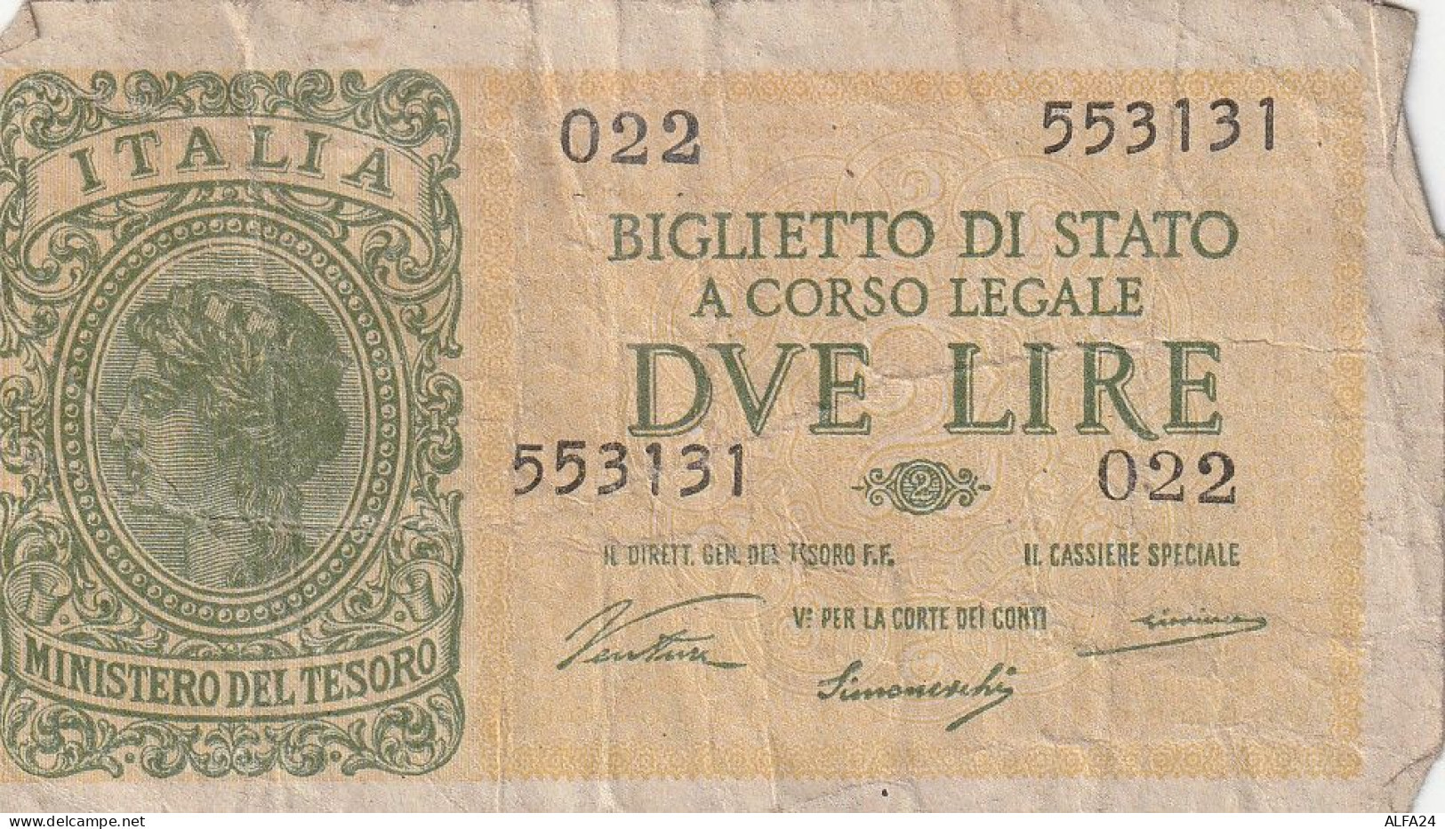 BANCONOTA BIGLIETTO DI STATO ITALIA 2 LIRE VF (RY7414 - Italië – 2 Lire