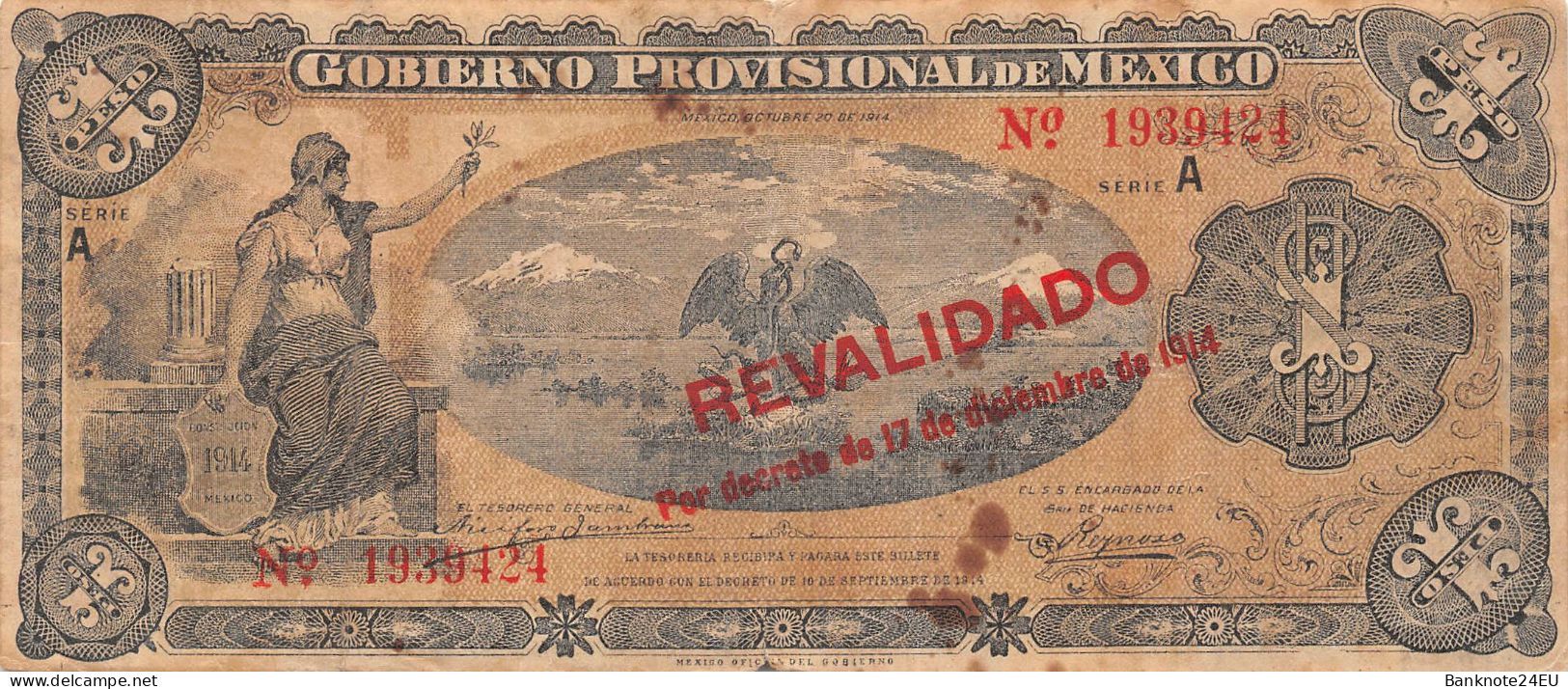Mexico 1 Peso 1914 Vf  Pn S701b - Mexique