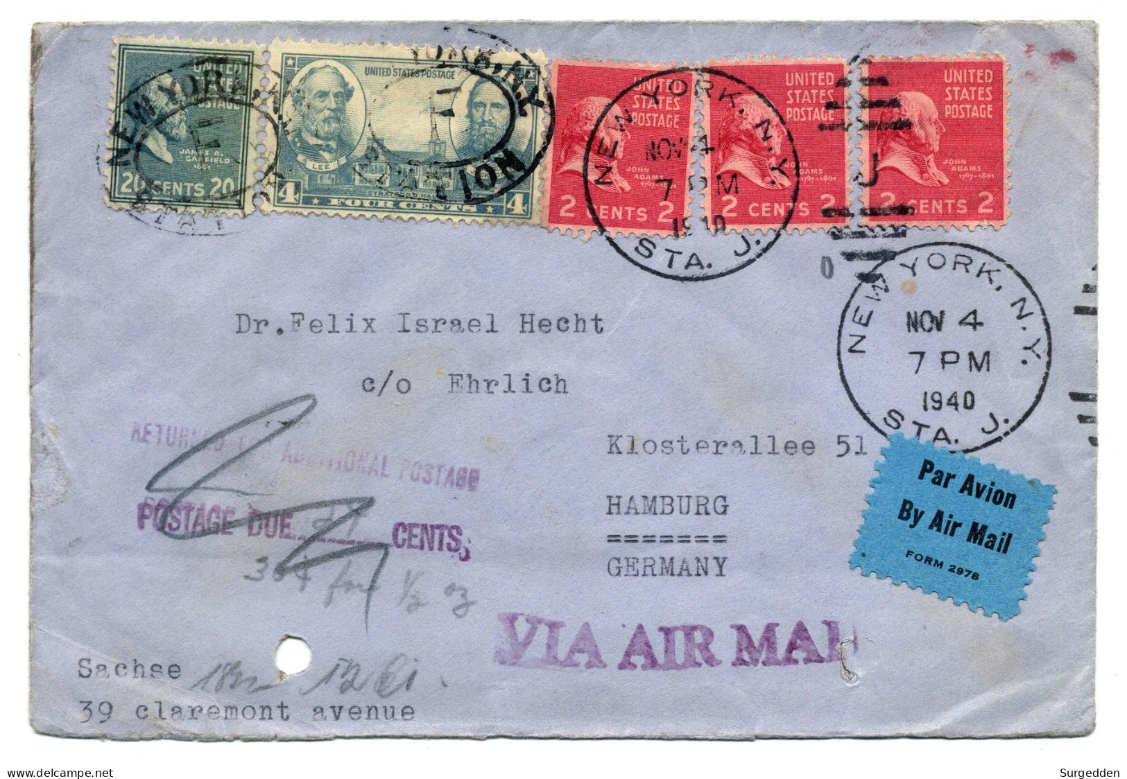 1940 New York, Michel-Nr. 3 X 413 O, Nachfrankatur 24 Cents Mit 393 U. 432 - Nach Hamburg, Zensur, Air Mail, Selten ! - Cartas & Documentos