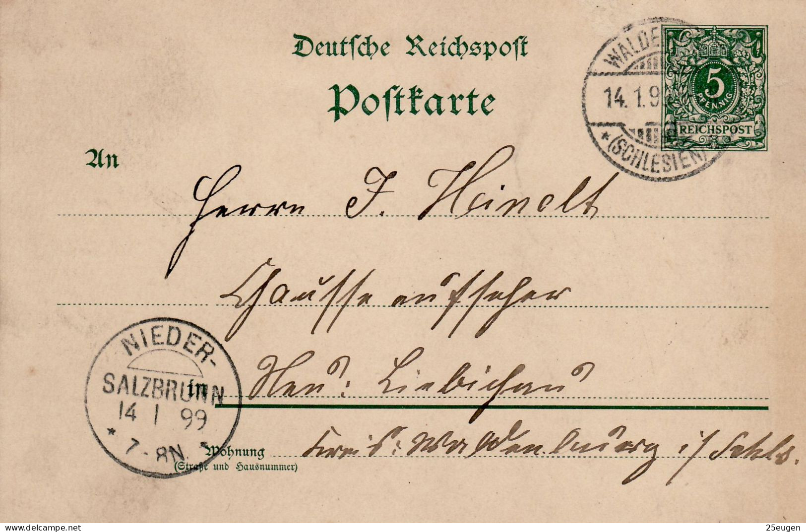 GERMANY EMPIRE 1899 POSTCARD  MiNr P 36 I SENT FROM WALDENBURG /WAŁBRZYCH/ TO LIEBICHAU /LUBIECHÓW/ - Cartas & Documentos