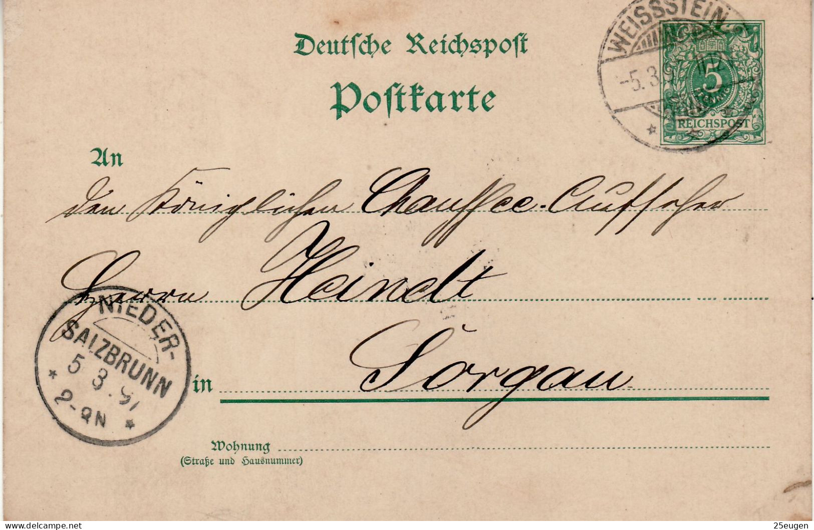 GERMANY EMPIRE 1897 POSTCARD  MiNr P 36 I SENT FROM WEISSTEIN /BIAŁY KAMIEŃ/ TO SORGAU /SZCZAWIENKO/ - Covers & Documents