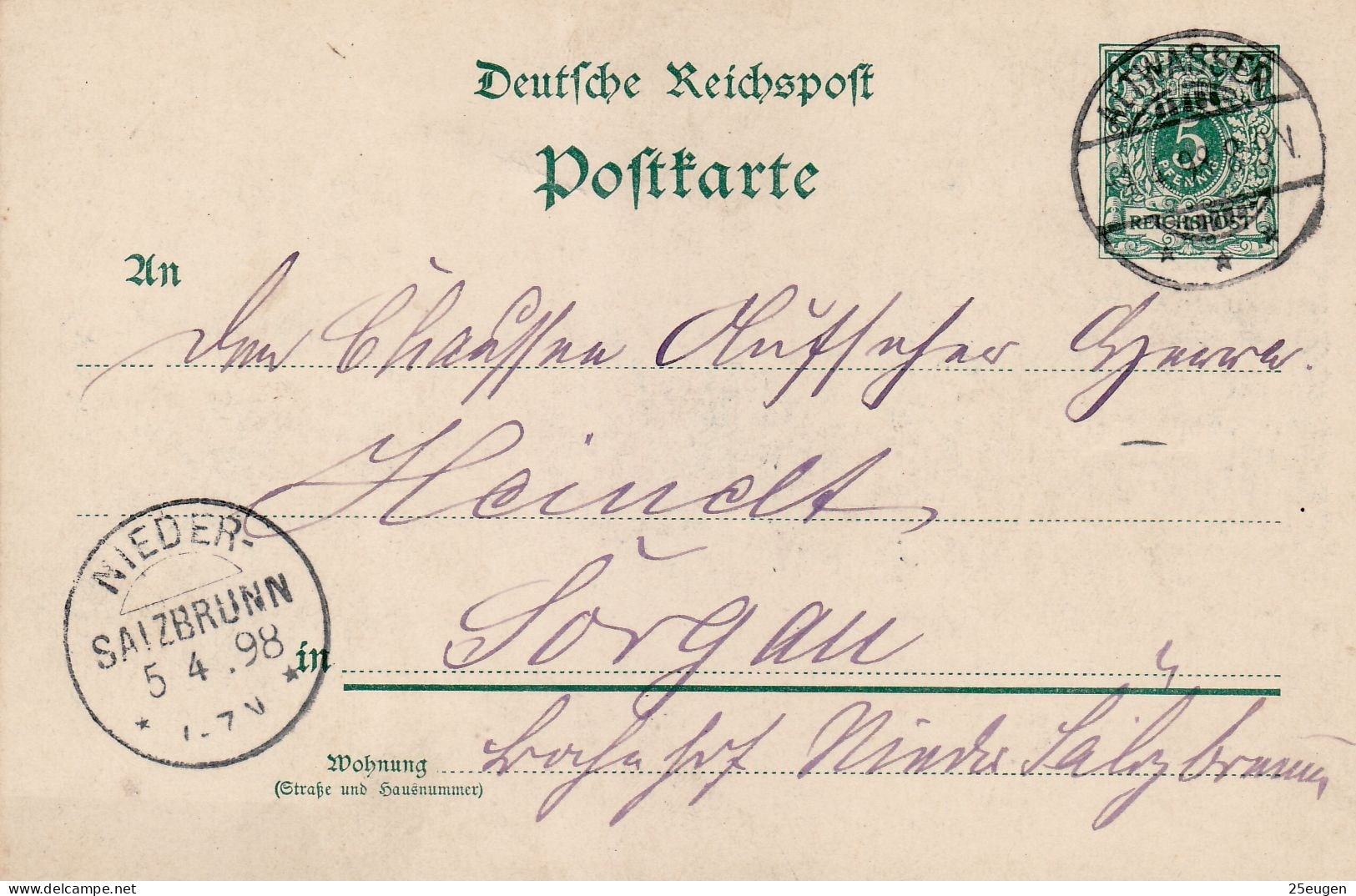GERMANY EMPIRE 1898 POSTCARD  MiNr P 36 I SENT FROM ALTWASSER /STARY ZDRÓJ/ TO SORGAU /SZCZAWIENKO/ - Briefe U. Dokumente
