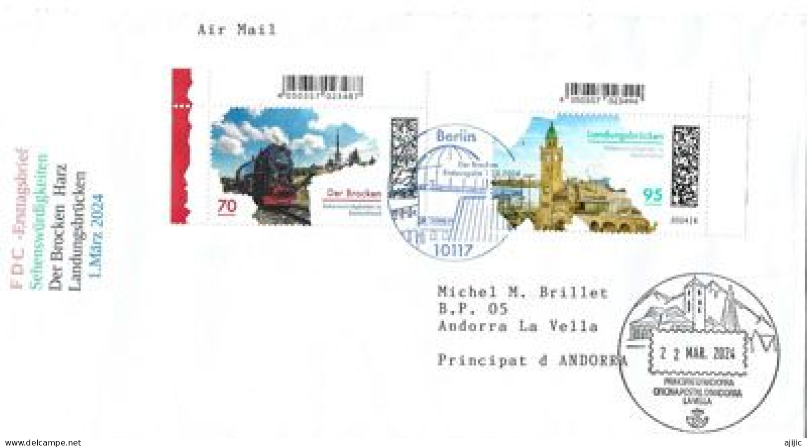 2024.Sites Touristiques Brocken,Landungsbrücken Hambourg,FDC 1er Jour Berlin,lettre à Andorra,avec Timbre à Date Andorra - 2011-…