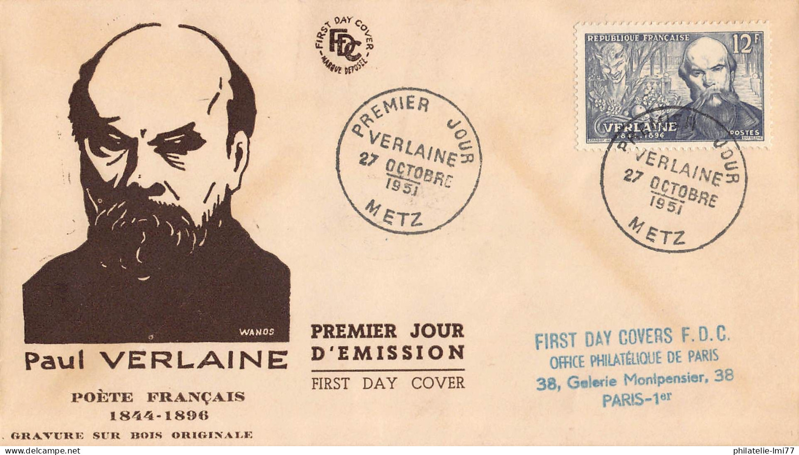 FDC - Le Poète Paul Verlaine - 27/10/1951 Metz - 1950-1959