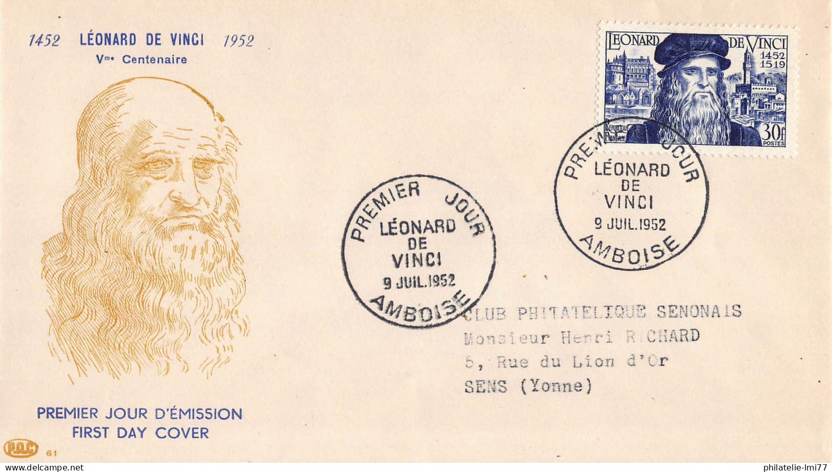 FDC - Léonard De Vinci - 9/7/1952 Amboise - 1950-1959