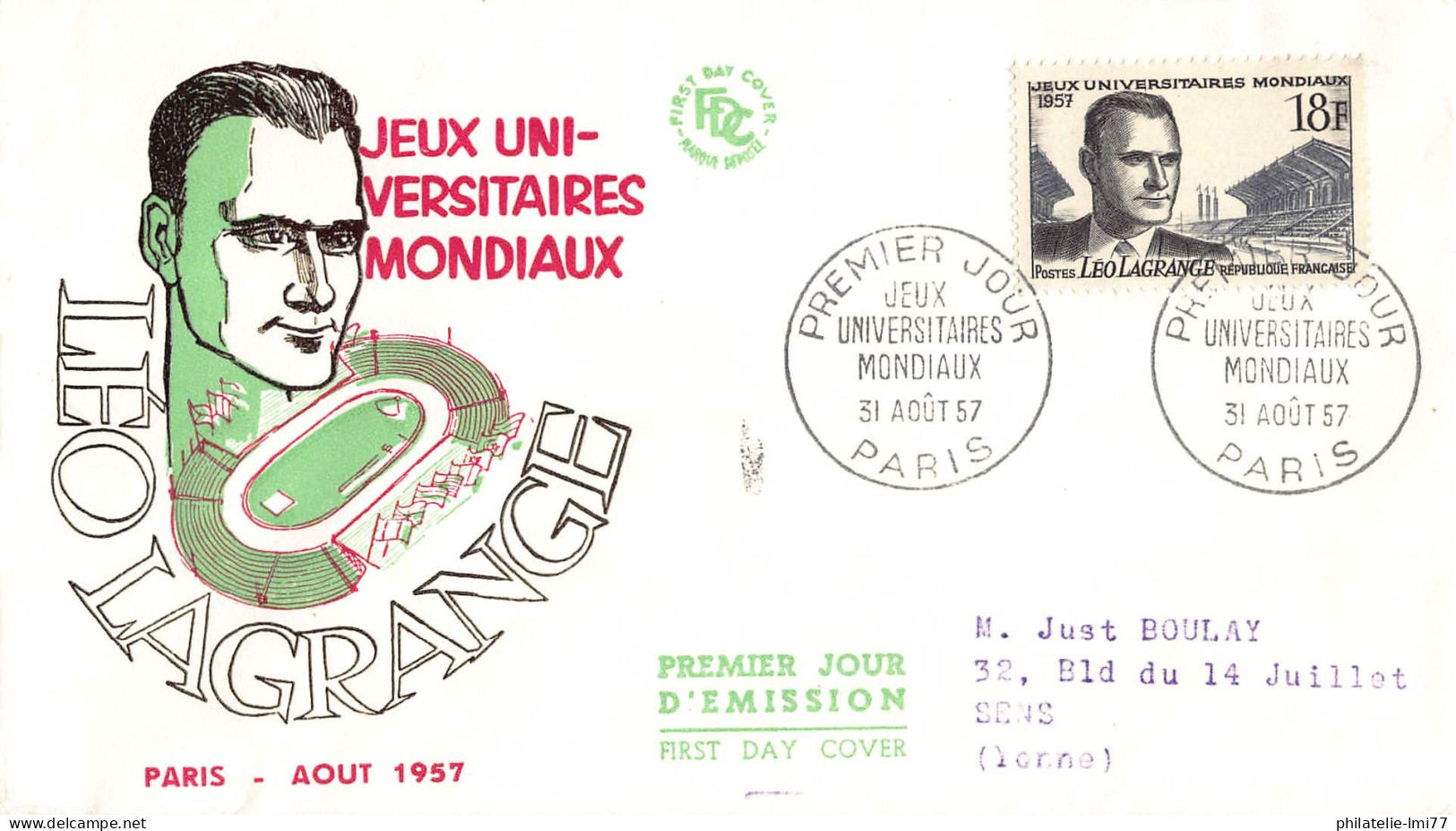 FDC - Léo Lagrange, Jeux Universitaires Mondiaux - Paris 31/8/1957 - 1950-1959