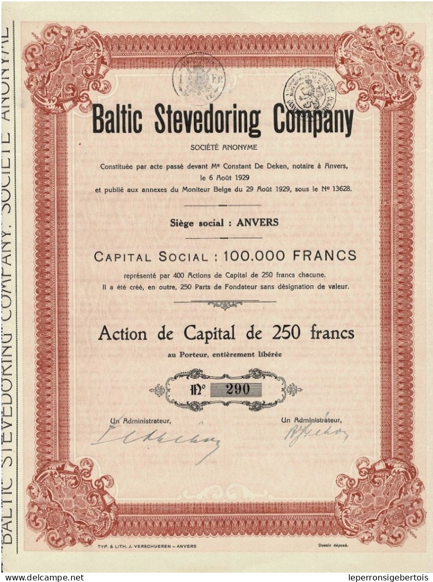 - Titre De 1929 - Baltic Stevedoring Company - - Transportmiddelen