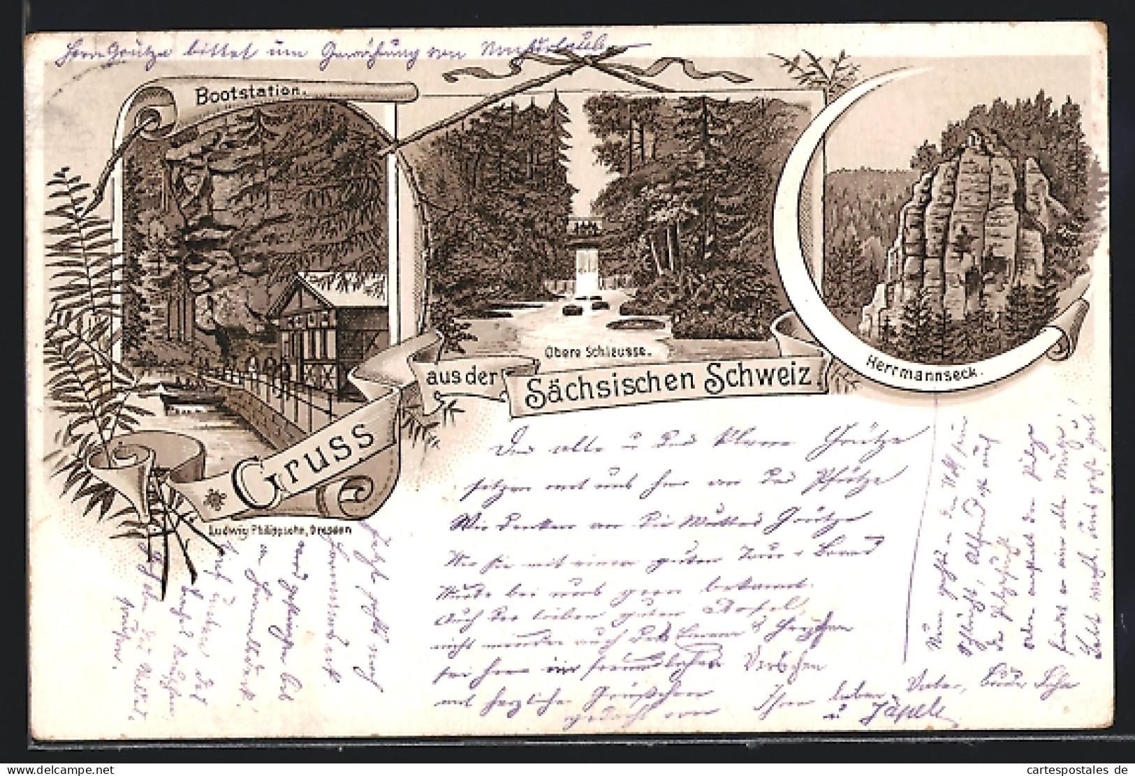 Vorläufer-Lithographie Sebnitz, 1894, Obere Schleuse, Bootstation, Herrmannseck  - Sebnitz