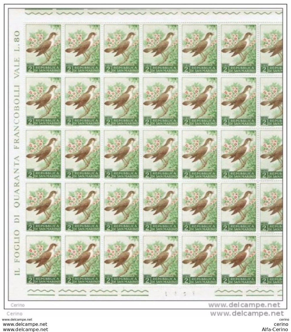 SAN  MARINO:  1960  £. 2  USIGNOLO  -  FOGLIO  ORIGINALE  40  PEZZI  N. -  SASS. 511 - Blocks & Sheetlets