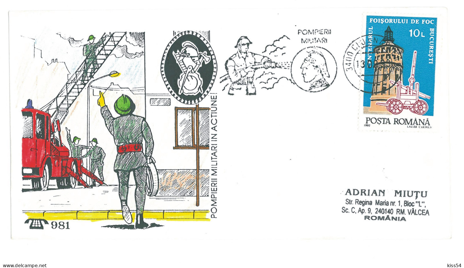 COV 98 - 3098 FIREMEN, Romania - Cover - Used - 1993 - Sapeurs-Pompiers