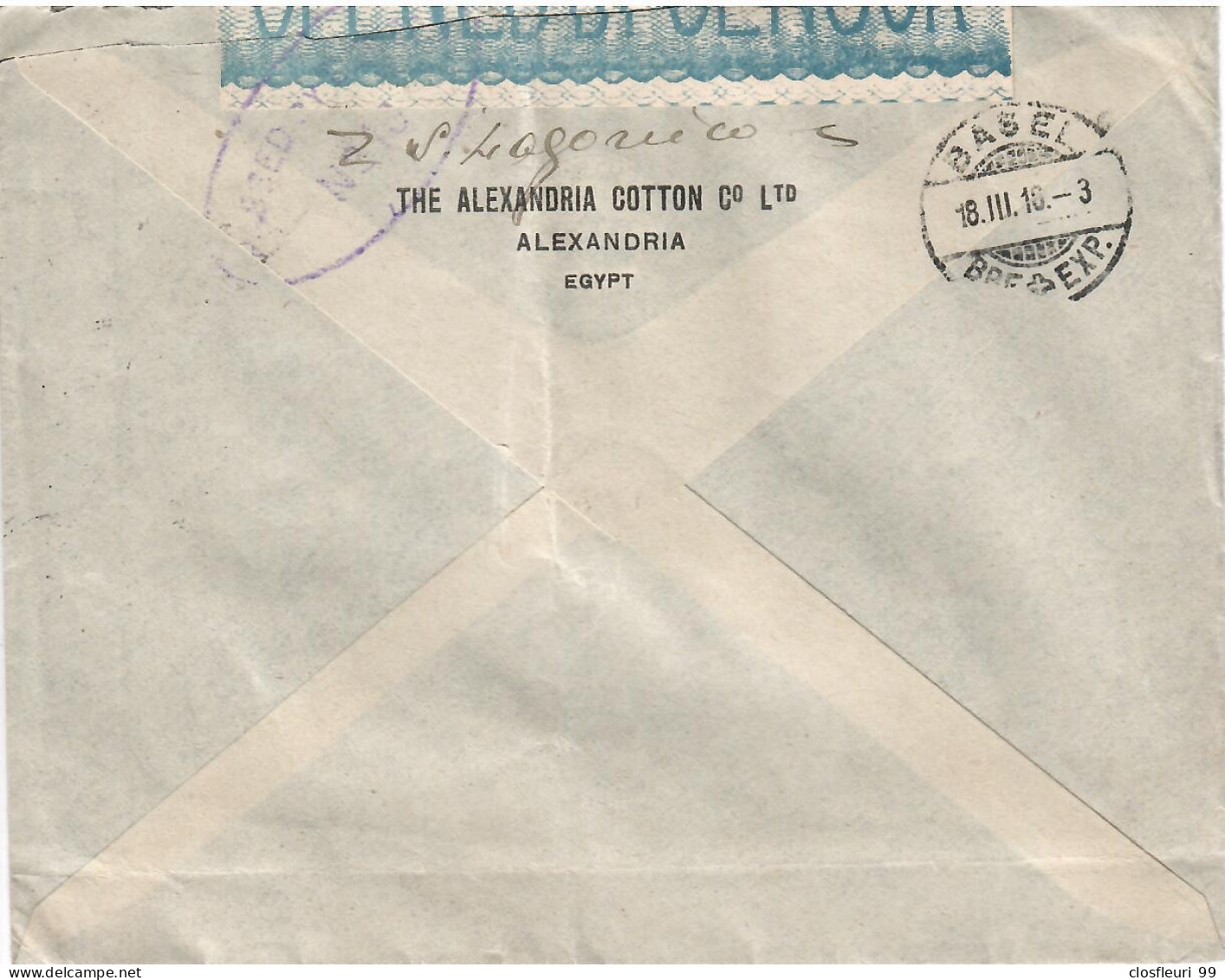 1 Lettre: Opened By Censor Alexandria Cotton For Bâle (Switzerland 18.3.1918 - 1915-1921 Protectorat Britannique