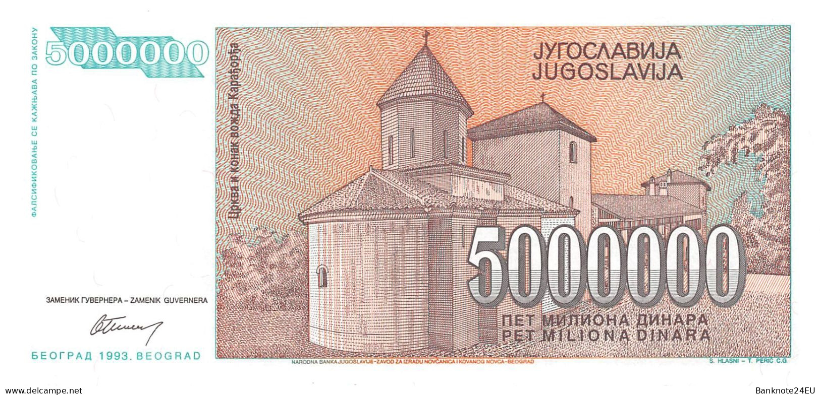 Yugoslavia 5 Million Dinara 1993 Unc Pn 132a - Yugoslavia