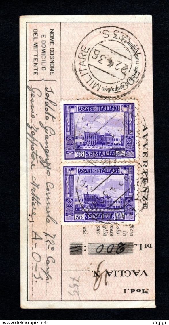 SOMALIA, INTERO POSTALE V2, RICEV.UTA VAGLIA POSTALE, 1936 PM 123S NON COMUNE - Somalië