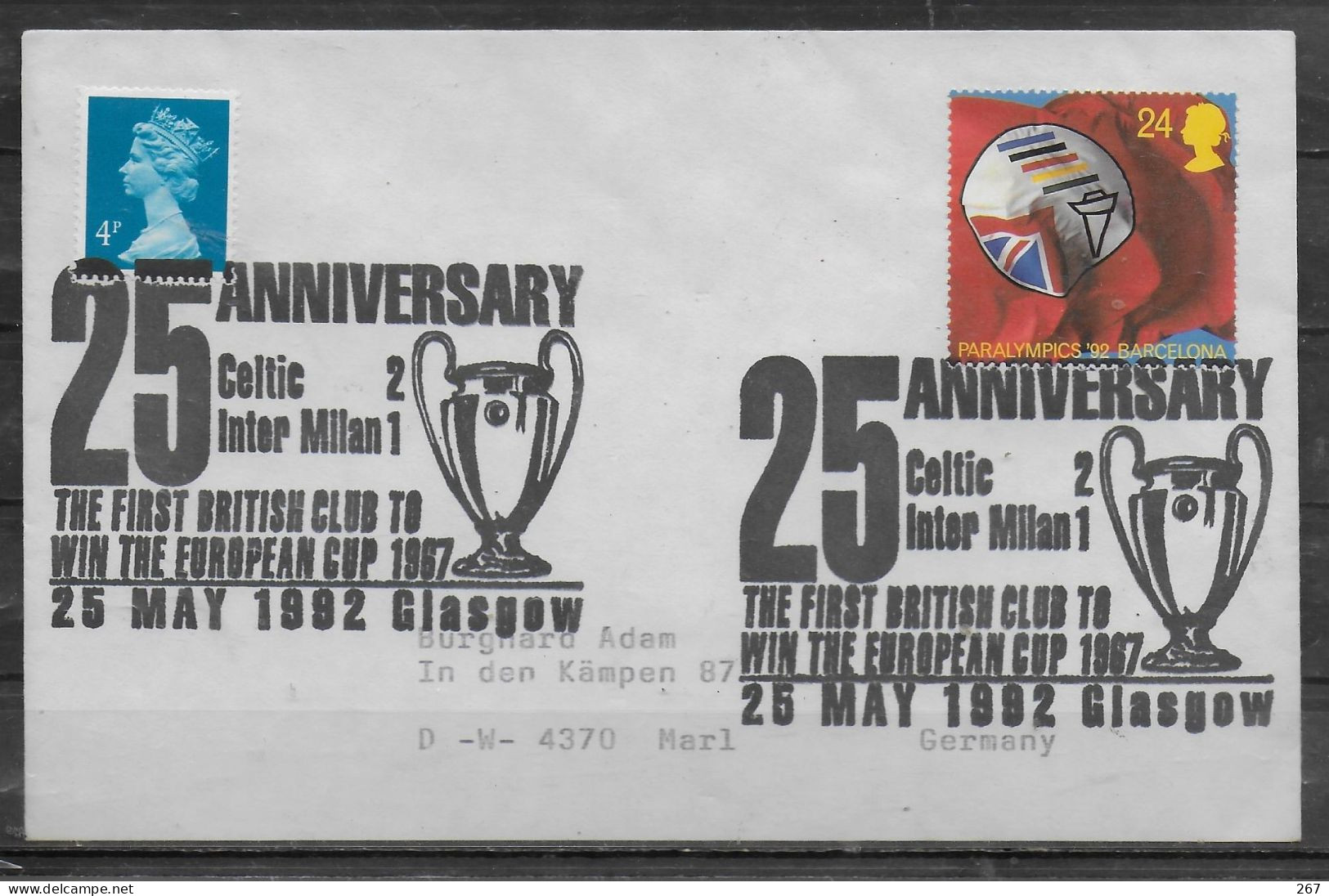 GRANDE BRETAGNE Lettre 1992 Glasgow Football Soccer Fussball  Celtic - Inter Milan - Storia Postale
