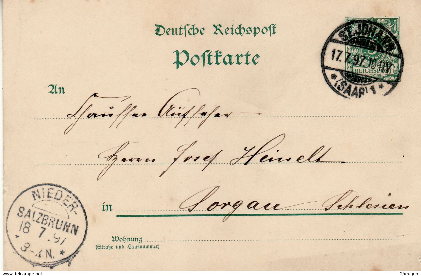 GERMANY EMPIRE 1897 POSTCARD  MiNr P 36 I SENT FROM ST.JOHANN TO SORGAU /SZCZAWIENKO/ - Cartas & Documentos