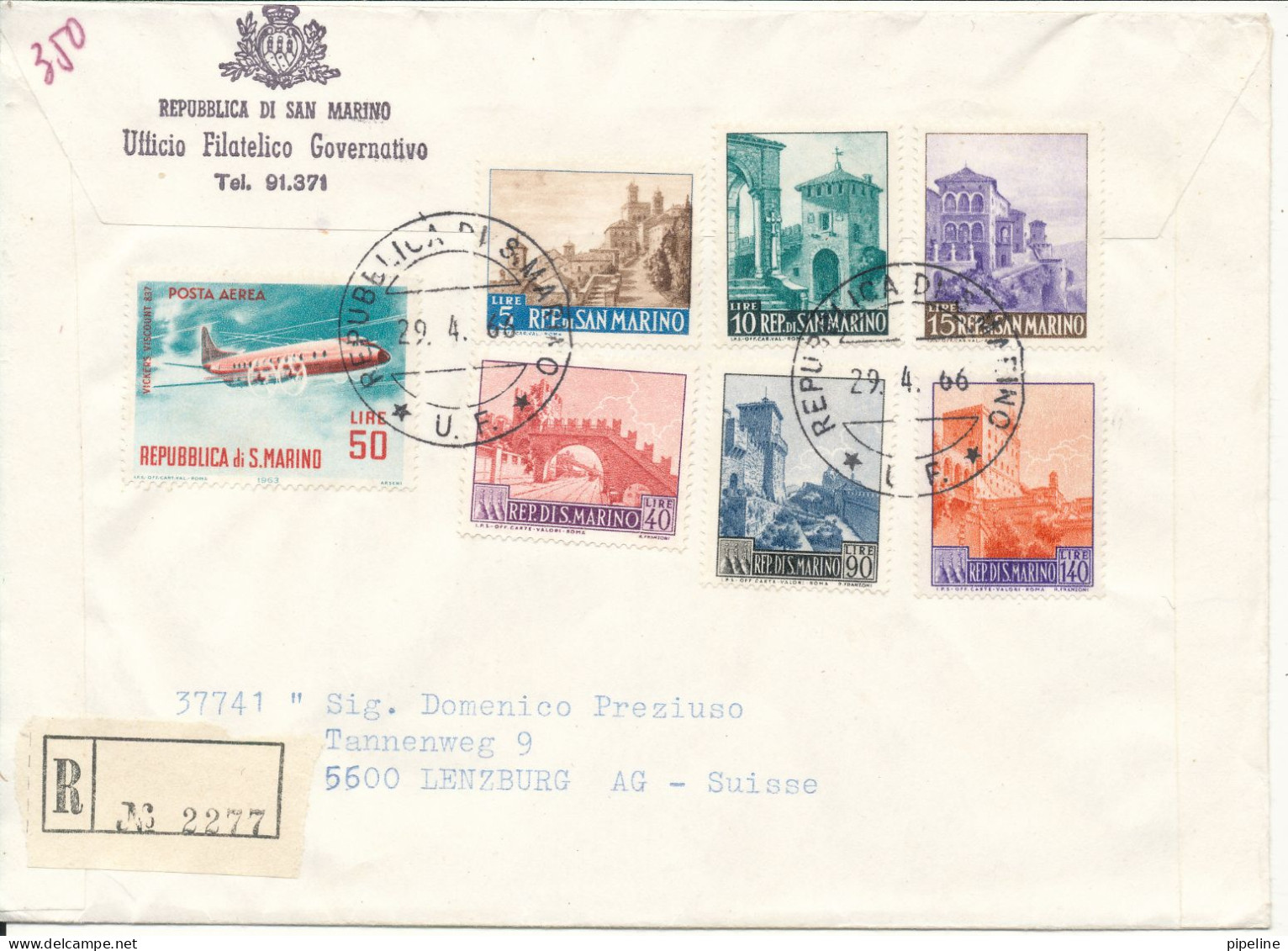 San Marino Registered Cover With Complete Set Of 6 Sent To Switzerland 29-4-1966 - Briefe U. Dokumente