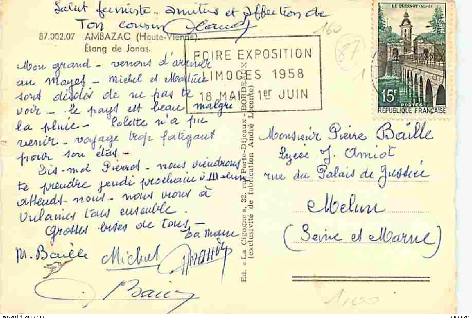 87 - Ambazac - Etang De Jonas - Flamme Postale Foire Exposition Limoges 1958 - CPM - Voir Scans Recto-Verso - Ambazac