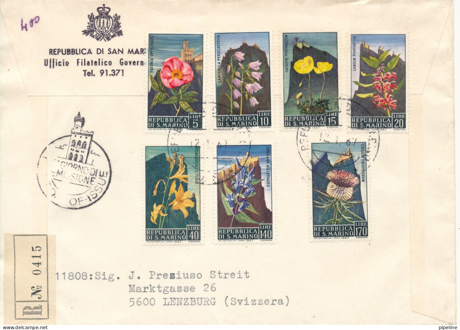 San Marino Registered FDC 12-1-1967 FLOWERS Complete Set Of 7 Sent To Switzerland - FDC