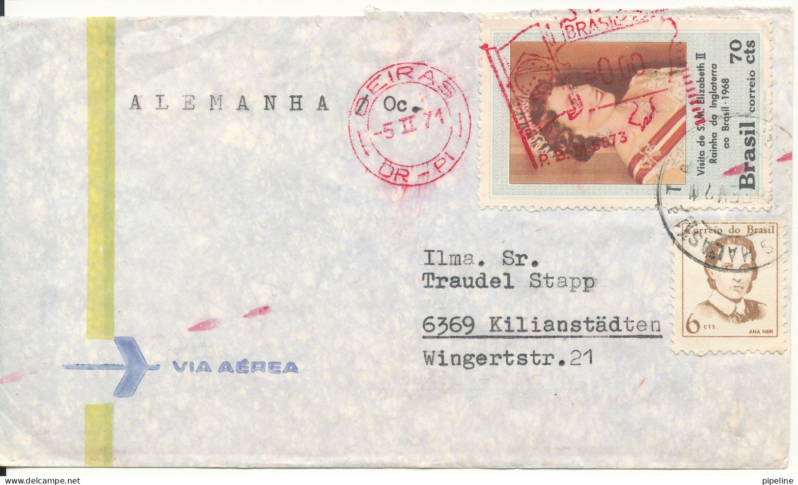 Brazil Air Mail Cover Sent To Germany Oeiras 5-11-1971 Queen Elizabeth II Visit To Brazil - Posta Aerea