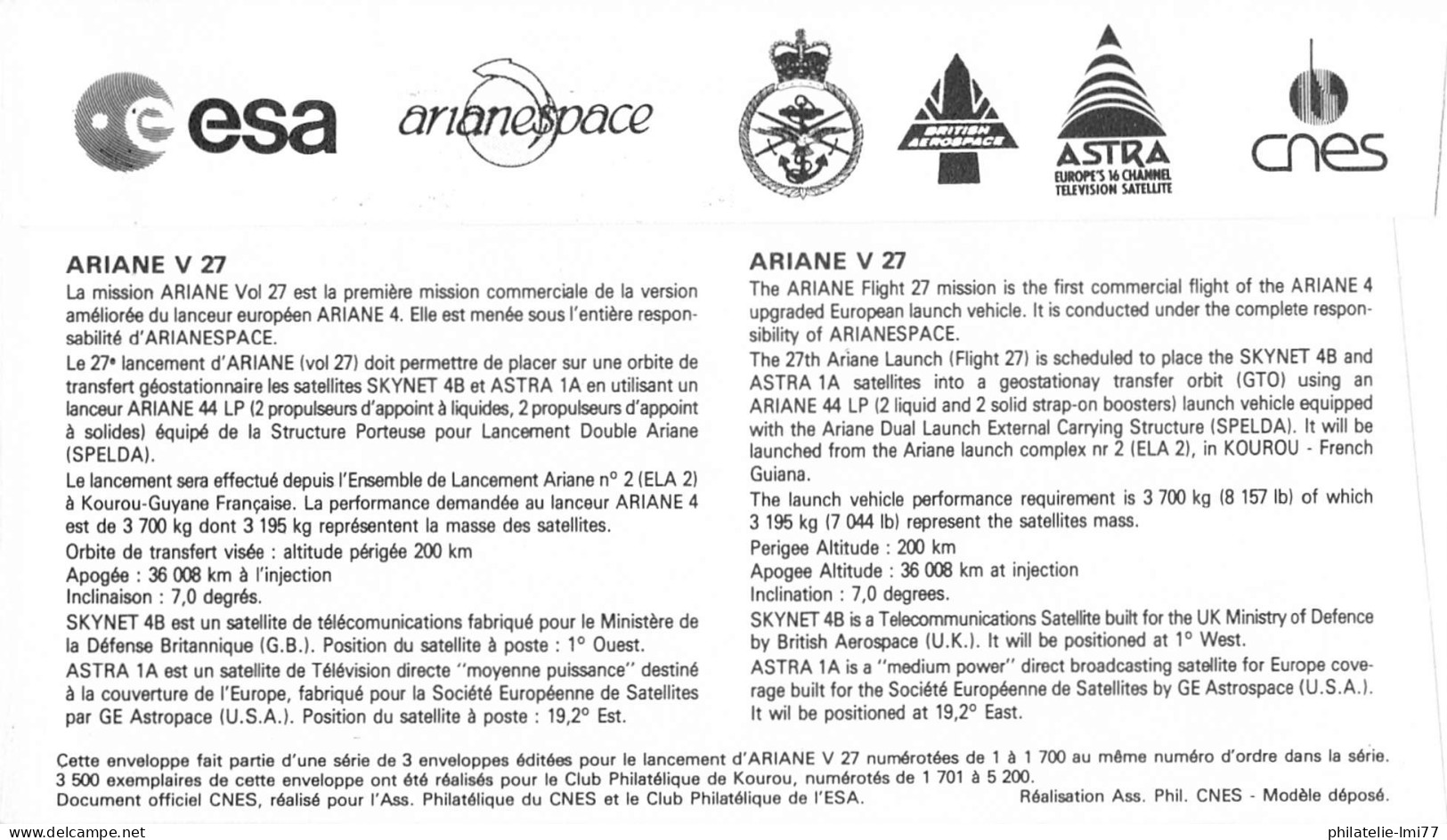 Lancement Ariane V27 Du 10 Décembre 1988 - Europe