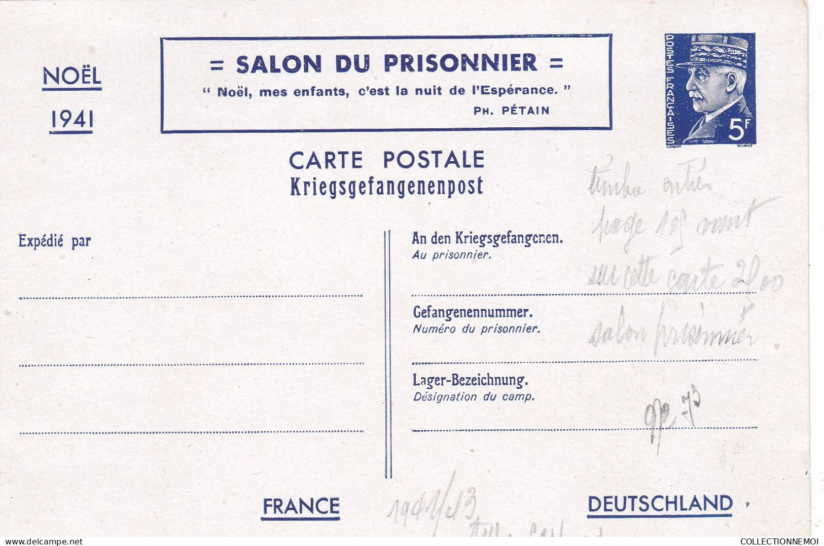 Entier PETAIN ,,,,,,,,,,,,,,,,,SALON DU PRISONNIER ,, Scan Recto Et Verso - Postales Tipos Y (antes De 1995)