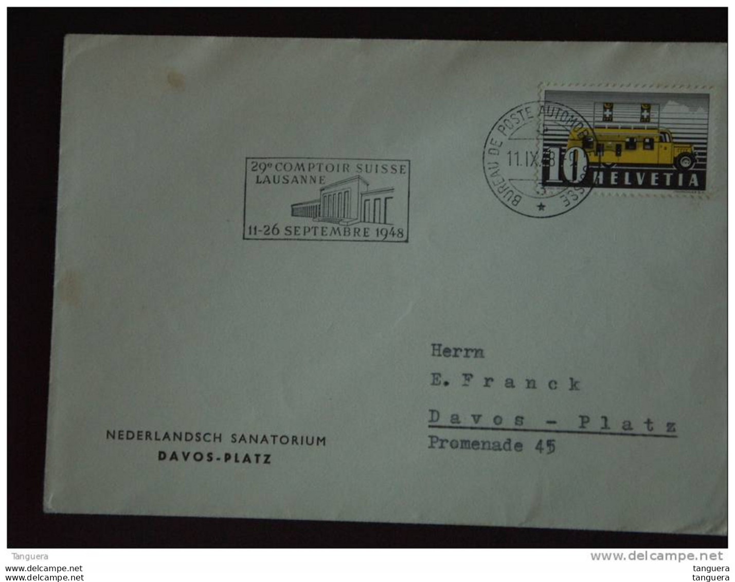 Zwitserland Suisse Helvetia 1948 Brief Nederlandsch Sanatorium Vlagstempel Flamme Comptoir Suisse Poste Automobile 3 Bus - Hydrotherapy