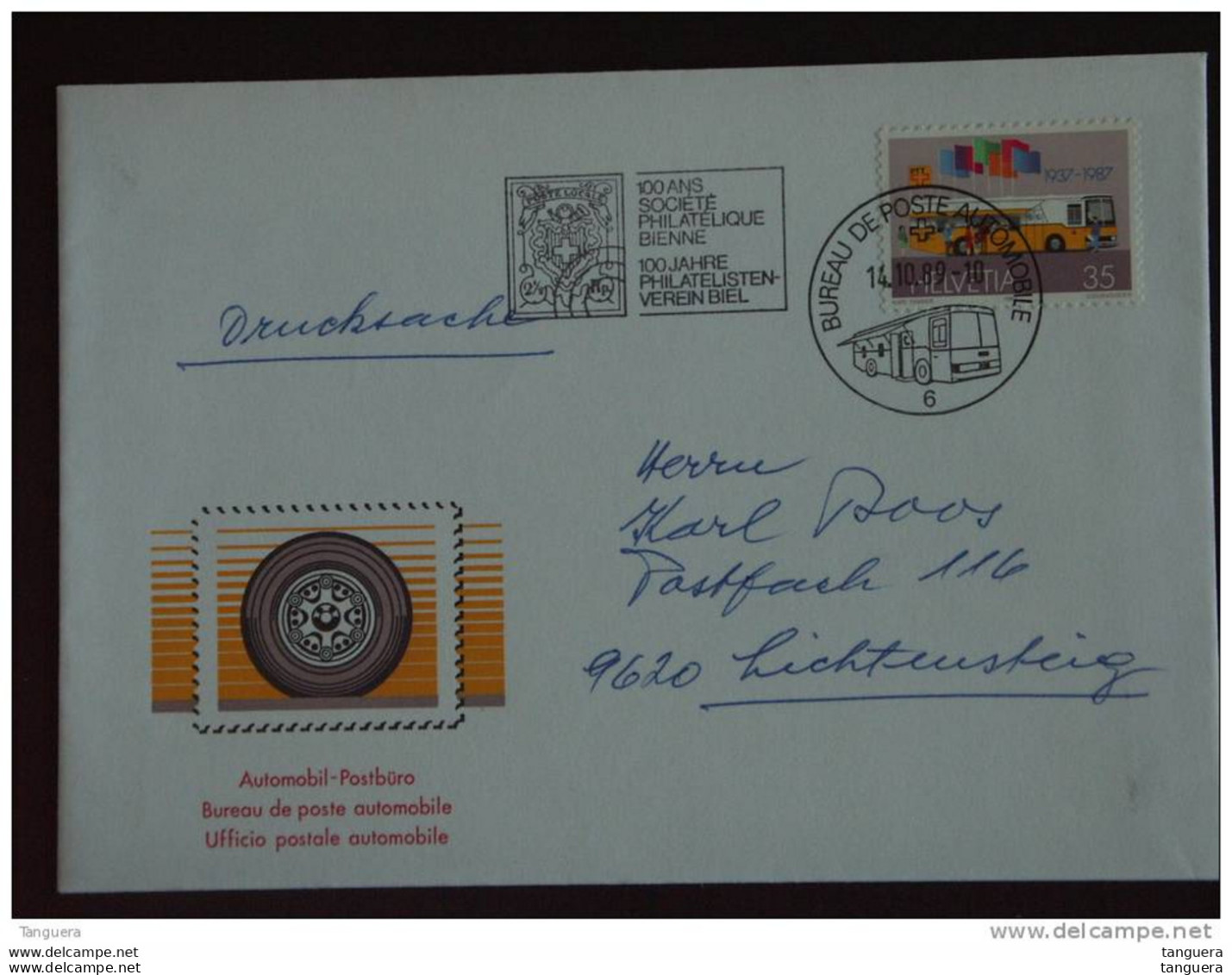 Zwitserland Suisse Helvetia 1989 100 Ans Societé Philatélique Bienne Enveloppe Omslag Automobil-Postbüro Bus - Marcophilie