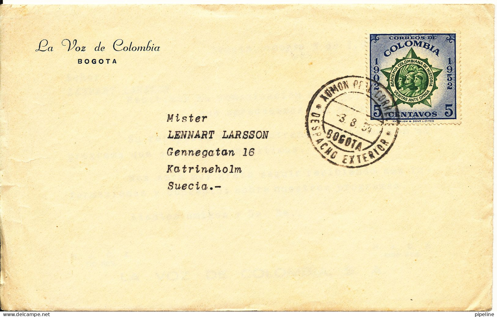 Colombia Cover Sent To Sweden Bogota 3-8-1954 Single Franked - Maroc (1956-...)