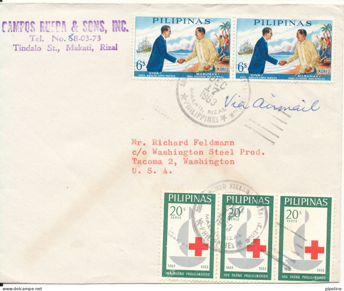 Philippines Cover Sent To USA 17-12-1963 Good Franked (1 Of The RED CROSS Stamps Is Damaged) - Philippines