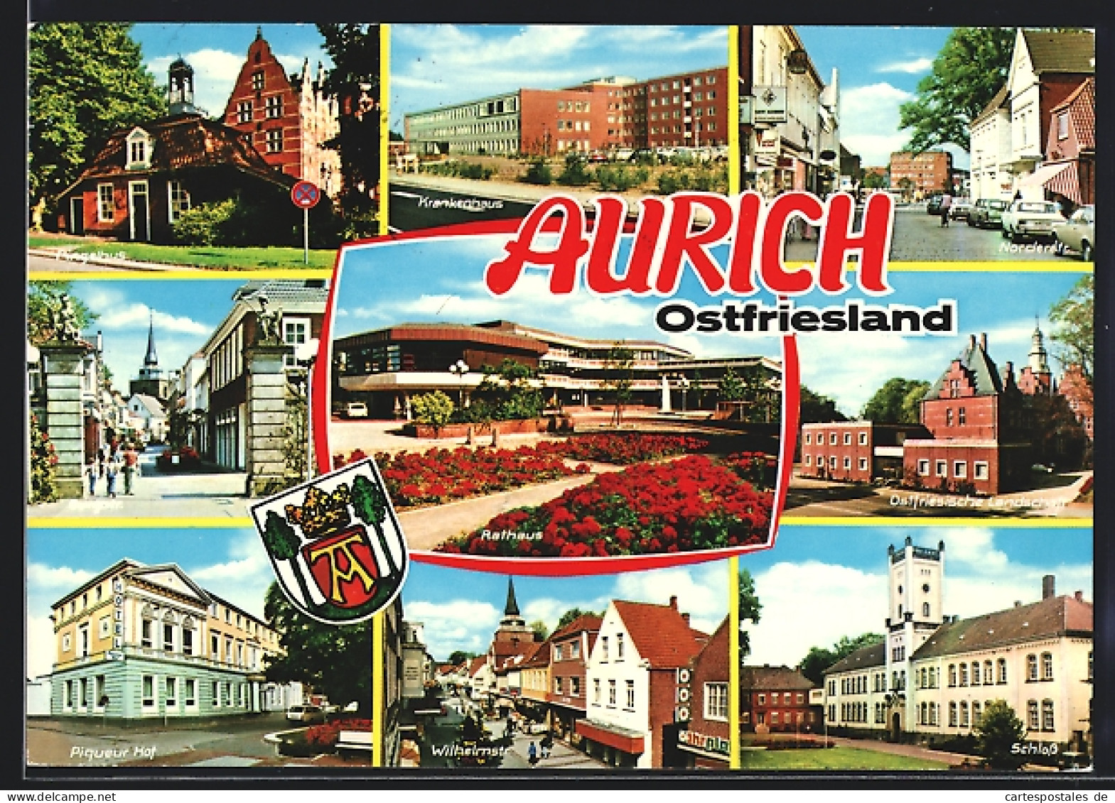AK Aurich /Ostfriesland, Pingelhus, Krankenhaus, Norderstr., Rathaus, Piqueur Hof, Wilhelmstr., Schloss  - Aurich