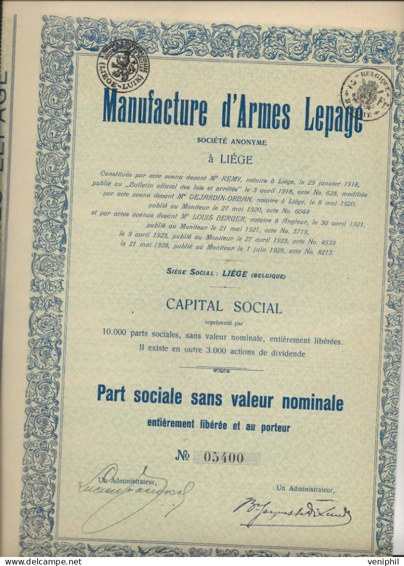 MANUFACTURE D'ARMES LEPAGE A LIEGE - PART SOCIALE - ANNEE 1918 - Industrial