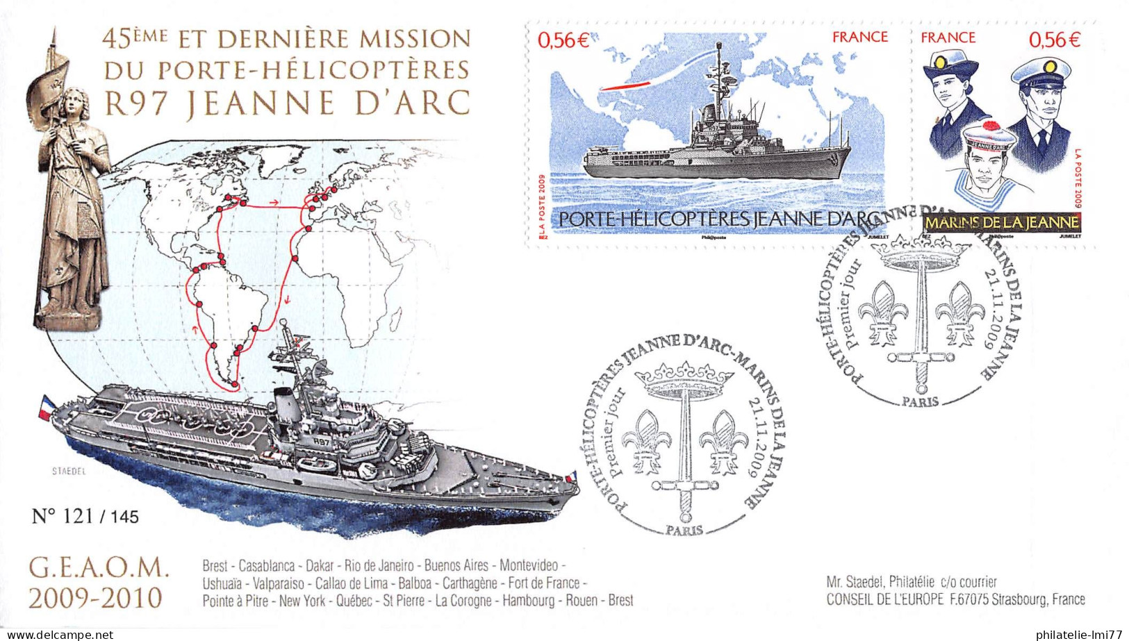 NAV09JA-1 - FDC 45E ET DERNIÈRE MISSION DU PH JEANNE D'ARC - PARIS - Maritime