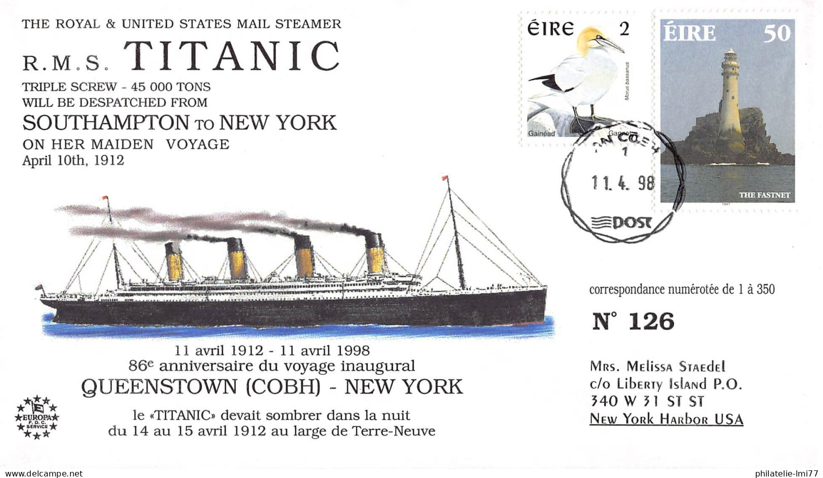 TITANIC98-3 - FDC GB - 86 ANS VOYAGE DU PAQUEBOT TITANIC - Maritime