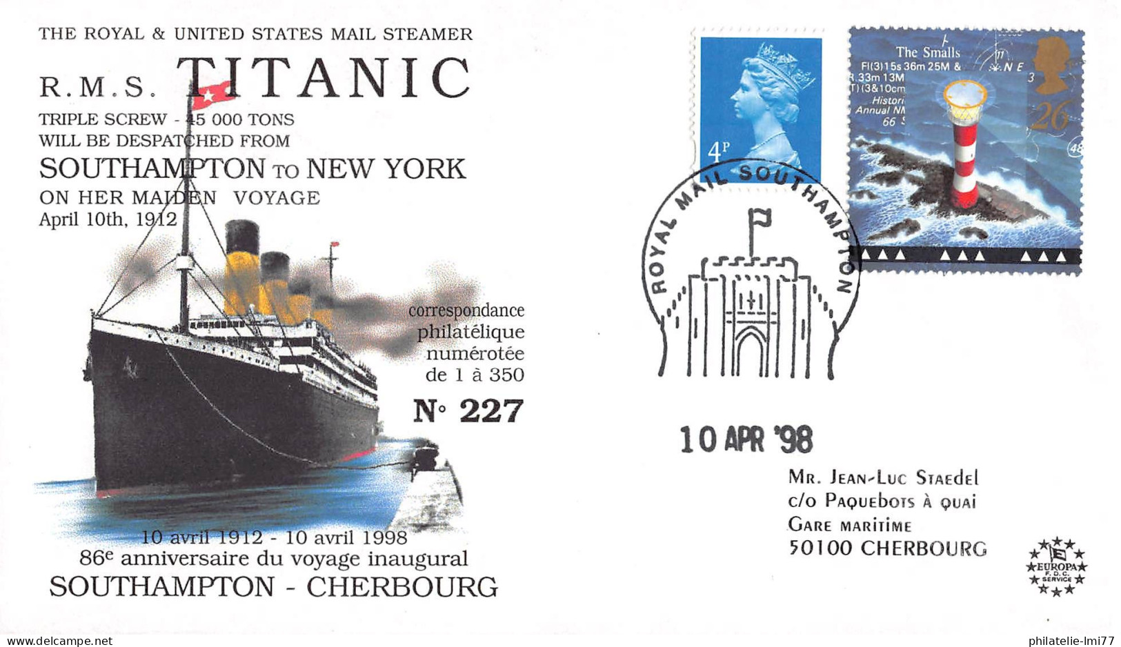 TITANIC98-1 - FDC GB - 86 ANS VOYAGE DU PAQUEBOT TITANIC - Maritime