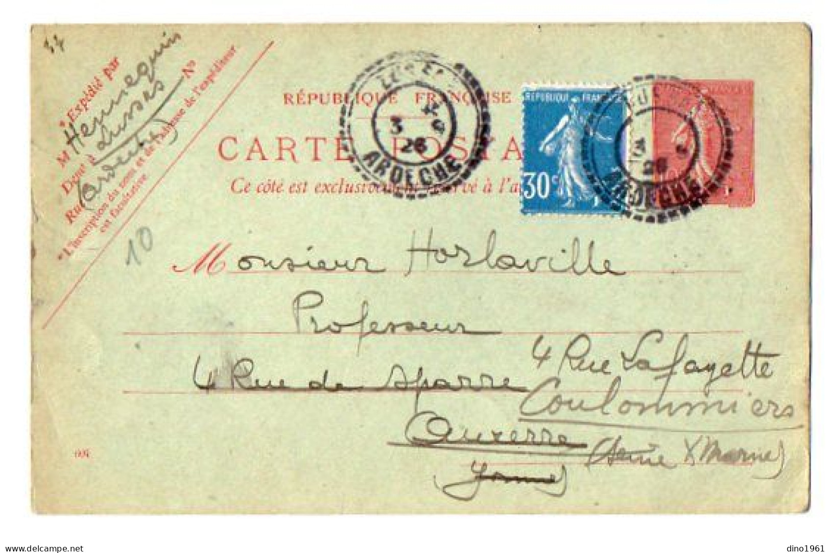 TB 4700 - 1926 - Entier Postal - M. HENNEQUIN à LUSSAS ( Cachet Perlé ) Pour M. HORLAVILLE à COULOMMIERS X AUXERRE - Standard Postcards & Stamped On Demand (before 1995)