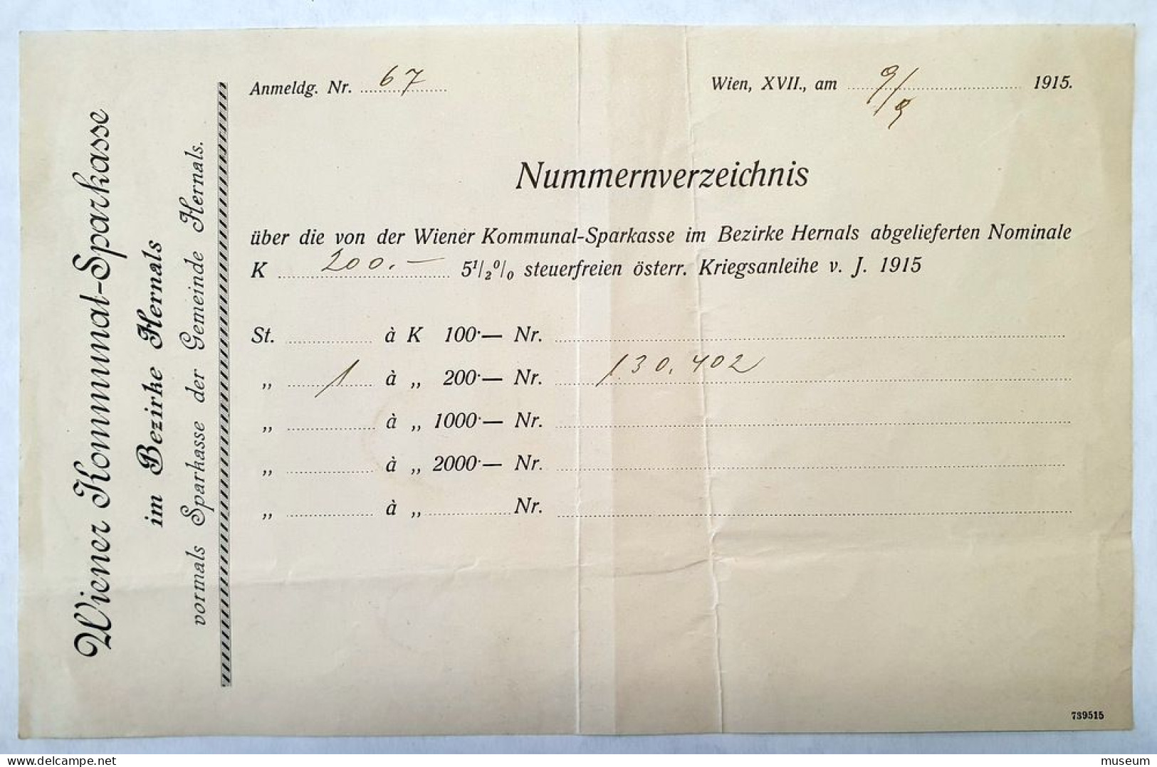 Wiener Kommunal-Sparkasse, Kriegsanleihe 1915, Plus 2 Sparkassen-Belege - Bank En Verzekering