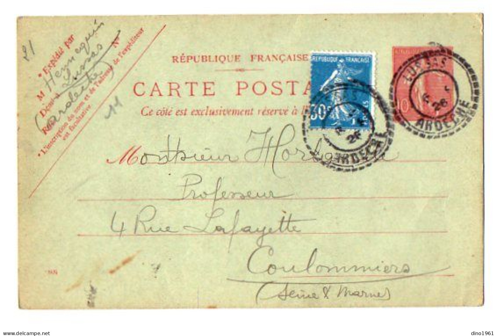 TB 4701 - 1926 - Entier Postal - M. HENNEQUIN à LUSSAS ( Cachet Perlé ) Pour M. HORLAVILLE, Professeur à COULOMMIERS - Postales Tipos Y (antes De 1995)