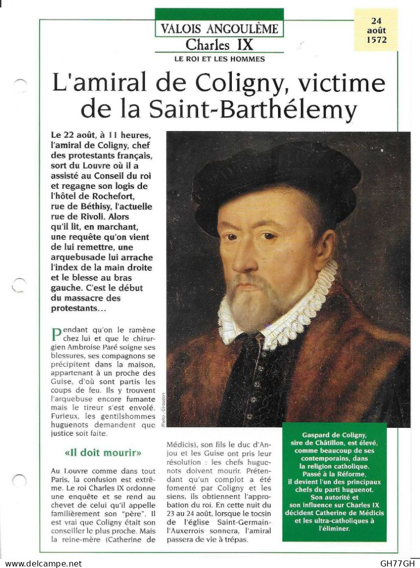 FICHE ATLAS: L'AMIRAL DE COLIGNY VICTIME DE LA SAINT-BARTHELEMY -VALOIS ANGOULEME - Geschichte