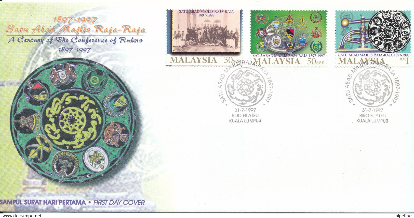 Malaysia FDC 31-7-1997 A Century Of The Conference Of Rulers Complete Set Of 3 With Cachet - Malaysia (1964-...)