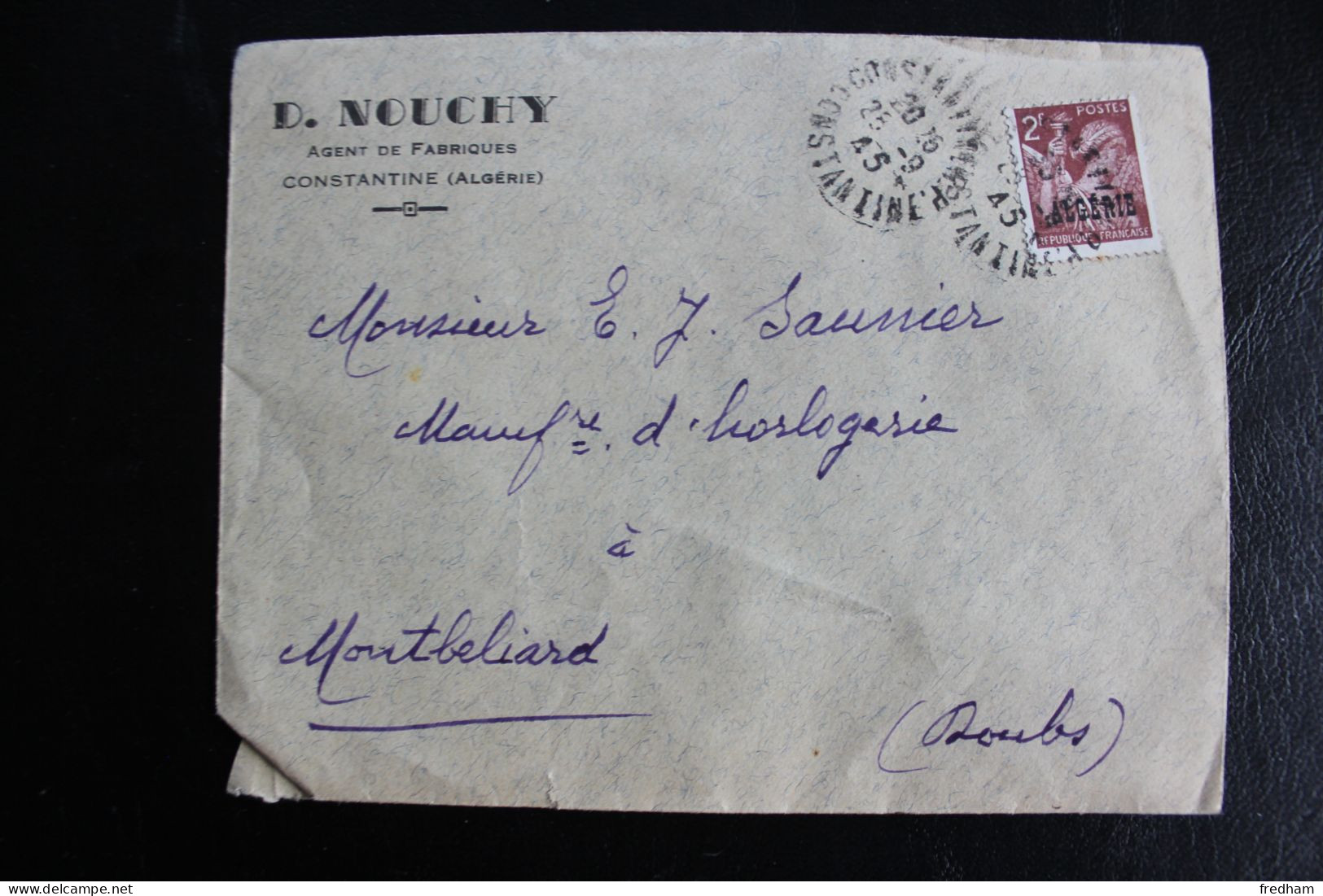 28-9-1945 CAD CONSTANTINE /CONSTANTINE RP POUR MONTBELIARD ENTÊTE D NOUCHY AGENT DE FABRIQUE Y&T NO Y&T DZ 234 TB LSC - Lettres & Documents