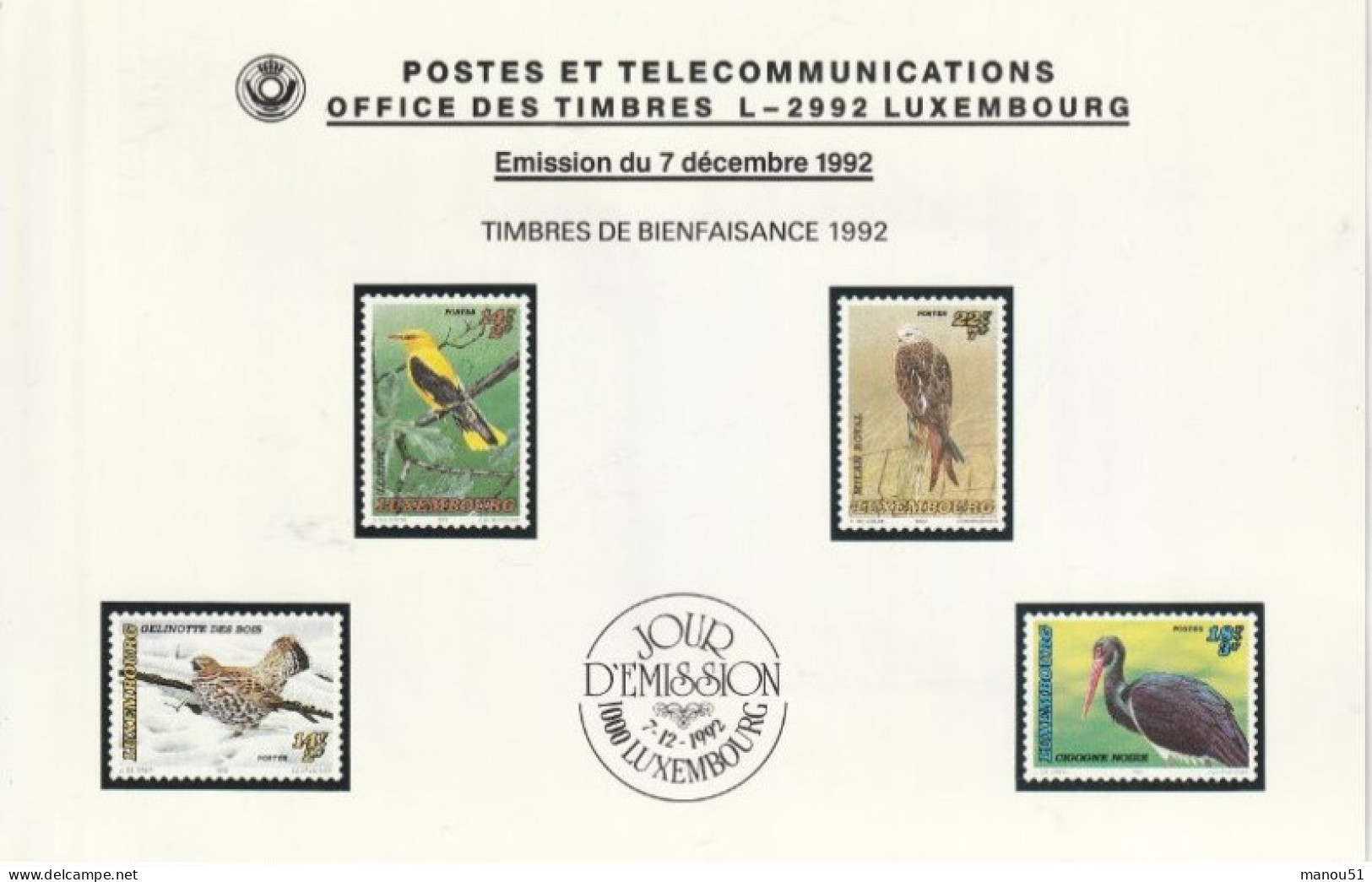 LUXEMBOURG - Timbres De Bienfaisance - Oiseaux Menacés - Emission Du 7.12.1992 - Lot 4 Timbres + 1 Enveloppe 1er Jour - Neufs